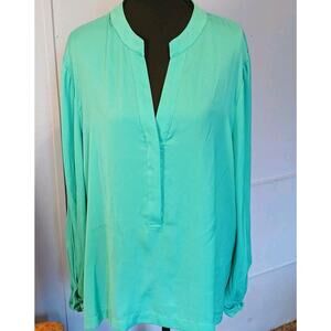 CHICOS Blouse Womens Size 3 XL Top Long Sleeve Extra Large Teal Puffy Sleeves